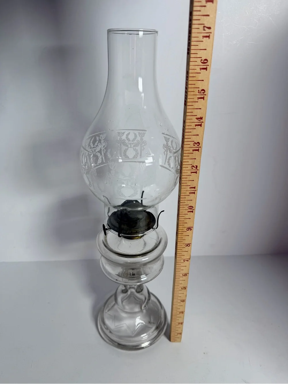Vintage Clear Glass Pedestal Oil Lamp with Etched Chimney – 17